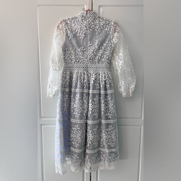 NWT Ivy City Co Midi Dress Formal Long Sleeve White Overlay Mesh/Blue Lined - Picture 6 of 6
